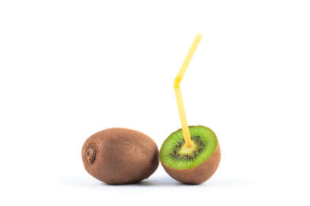 Ripe fresh kiwi close up isolated on white backgroundの写真素材