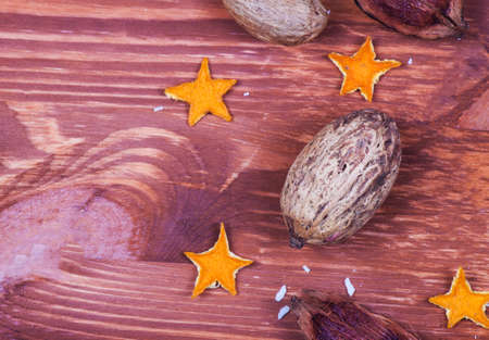 Dry decoration on wood desk. Nature background