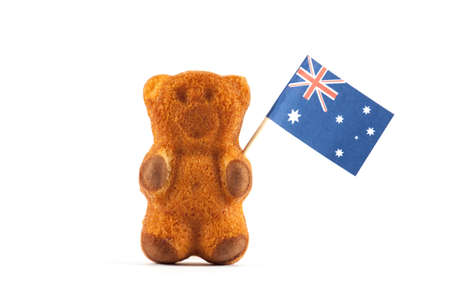 Cake bear and australia flag isolated on white background. Greeting card. National day.の写真素材