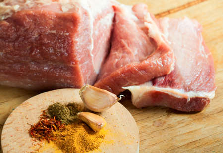 Piece of meat and seasoning on wood desk. Food ingredientsの写真素材