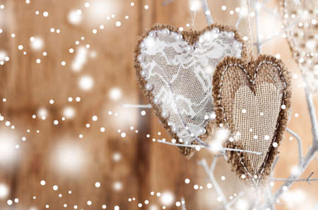 Heart from cloth on white branch. Valentines day backgroundの写真素材