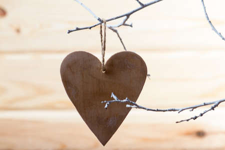 Heart made of cloth on white branch. Valentine day. Holidays card with copy spaceの写真素材