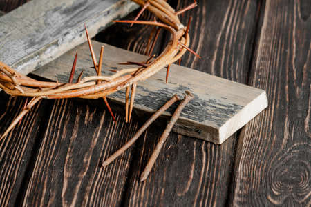 Crown of thorns on wood desk. Christian conceptの写真素材