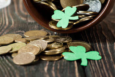 Happy St. Patrick's Day green drink and cake on wood deskの写真素材