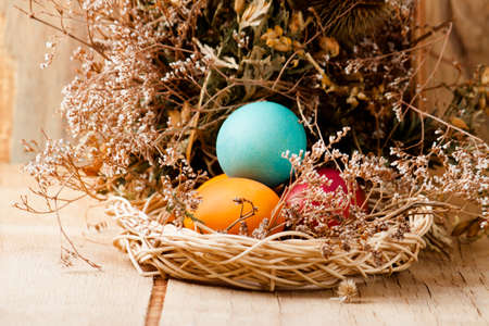 Colorful easter eggs close up on wood desk