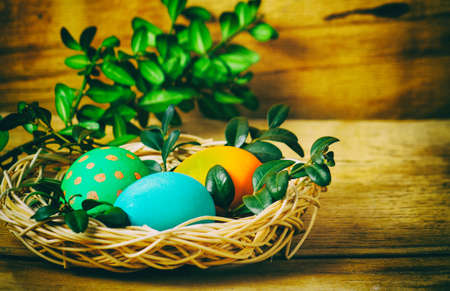 Colorful easter eggs close up on wood deskの写真素材