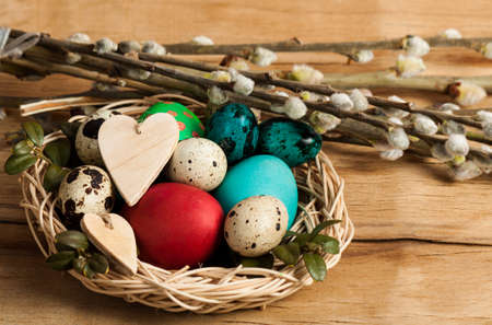 Colorful easter eggs close up on wood desk