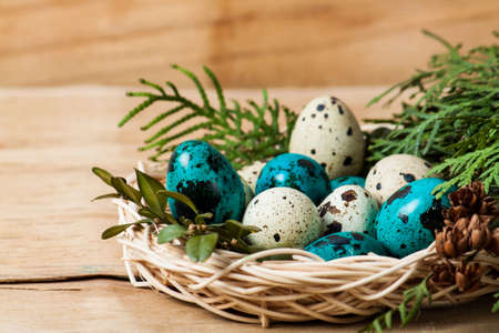 Colorful easter eggs close up on wood desk