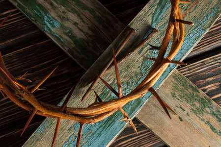 Crown of thorns on wood desk. Christian conceptの写真素材