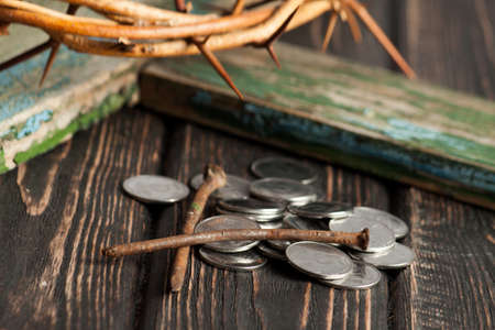Crown of thorns on wood desk. Christian conceptの写真素材