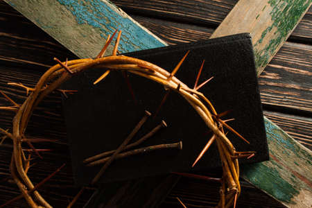 Crown of thorns on wood desk. Christian conceptの写真素材
