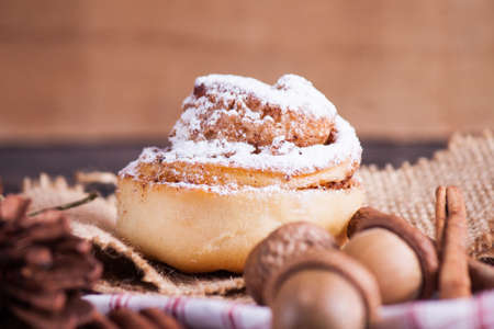 Fresh cinnamon bun made for breakfast. Home bakingの写真素材