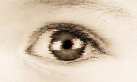 Eye close up with glitch effect. Glitched horizontal stripes.