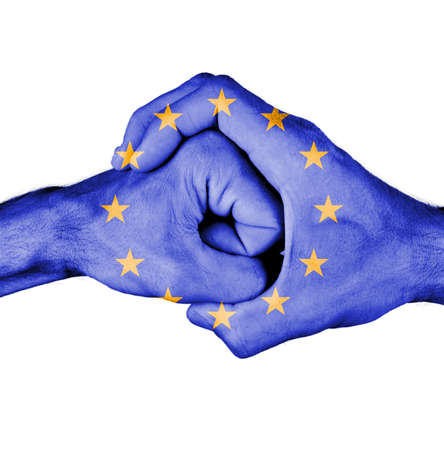 The flag of the European Union on hand isolated on white backgroundの写真素材