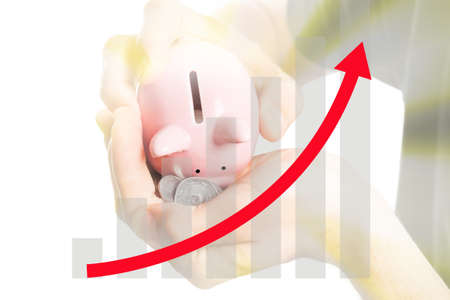 Pink pig and coins isolated on white background. Concept savingの写真素材