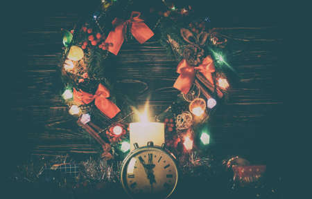 Christmas wreath with decorations. Christmas background. Happy new yearの写真素材