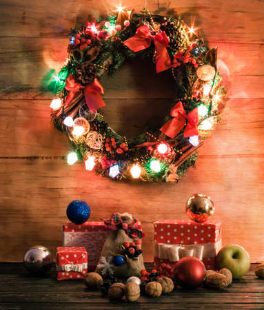 Christmas wreath with decorations. Christmas background. Happy new yearの写真素材
