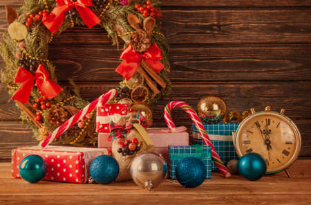 Christmas wreath with decorations. Christmas background. Happy new yearの写真素材