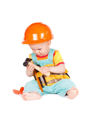 Children with toy tools isolated on white background. Building conceptの写真素材