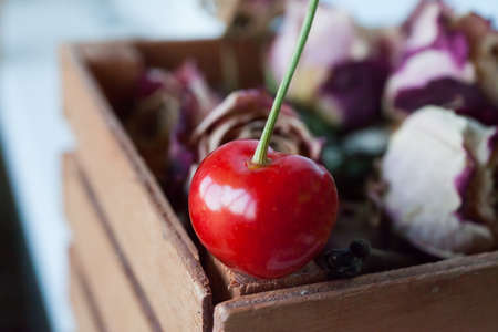 Fresh red cherry close up. Summer fruits. Food ingredientsの写真素材