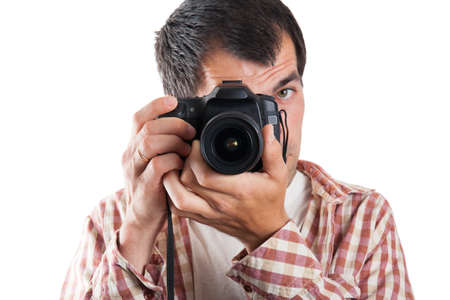 Man photograph with camera in hand on white backgroundの写真素材