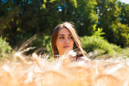 Fashion beautiful girl in the field with yellow spikelets on the sky backgroundの写真素材