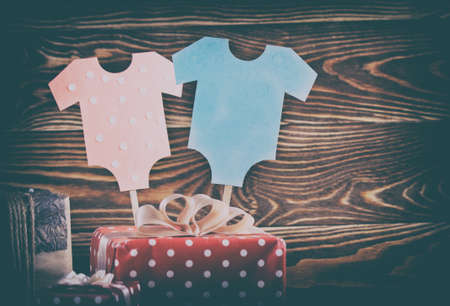 Decoration for baby shower on wood desk. Pregnancyの写真素材