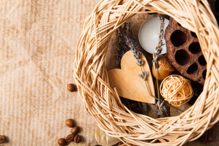 Dry blossom lotus close up on wood desk.の写真素材