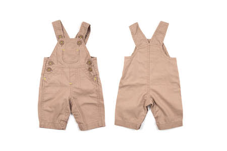 Stylish baby overalls isolated on white backgroundの写真素材