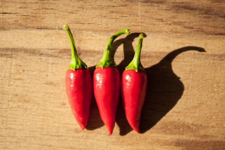 Small chilli pepper close up on wood desk.の写真素材