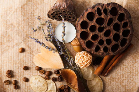 Dry blossom lotus close up on wood desk.