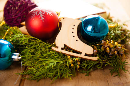 Christmas decoration close up on wood desk. preparation for the holidayの写真素材