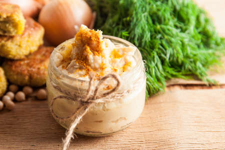 garlic hummus close up. Health food. Vegan menuの写真素材