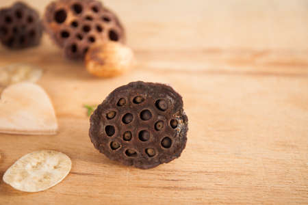 Christmas decoration close up on wood desk. preparation for the holidayの写真素材