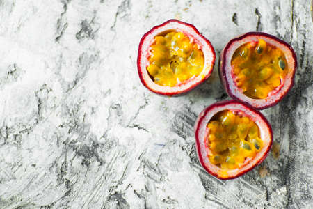 slice ripe passion fruit close up. Fresh fruitsの写真素材