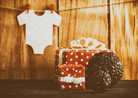 Decoration for baby shower on wood deskの写真素材