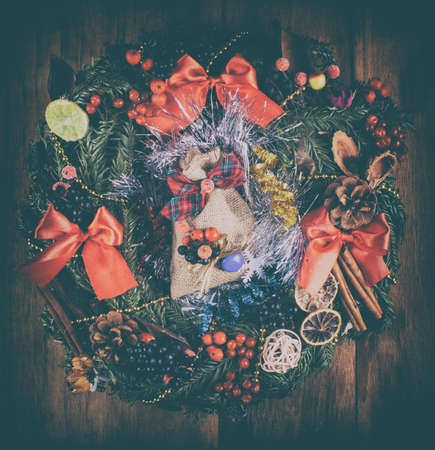 Christmas decoration on wood desk. Happy new year writtenの写真素材