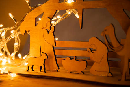 Christmas nativity scene of baby Jesus in the manger with Joseph, Mary and shepherdsの写真素材