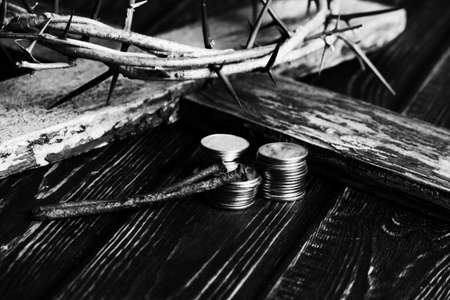 Crown of thorns on wood desk. Christian concept. Easter Jesusの写真素材