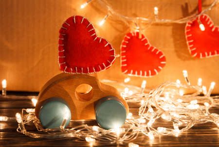 Wood car with red heart. Happy valentines dayの写真素材
