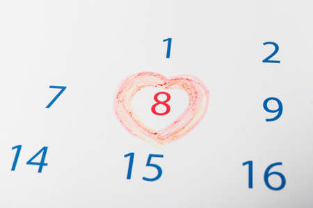 Calendar with a red circle around the number 8. Happy woman's dayの写真素材