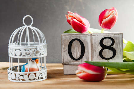 Women's day March 8 with wooden block calendar. Happy mother's day. Spring flowerの写真素材