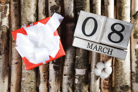 Women's day March 8 with wooden block calendar. Happy mother's day. Spring flowerの写真素材