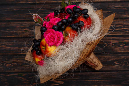 bouquet of fruits on wood desk. Food ingredientsの写真素材