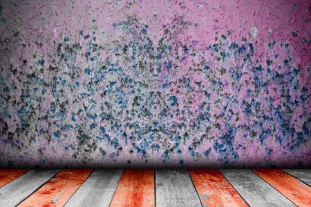 Old grunge wall with wood flour. Empty room. Stage backgroundの写真素材