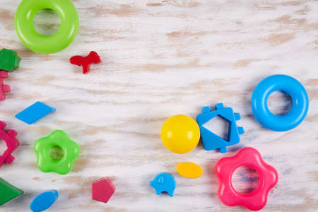 Background with color toys. Top view. Flat lay. Copy space for textの写真素材