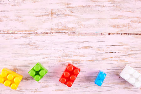 Background with color toys. Top view. Flat lay. Copy space for textの写真素材