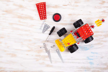 constructor toy metal close up. Flat lay