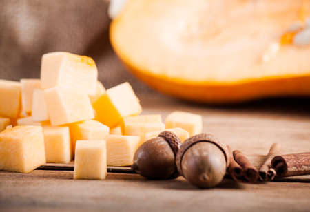 slice pumpkin close up. Food autumn background.の写真素材
