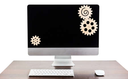 Desktop computer with gear on white background. Load concept.の写真素材